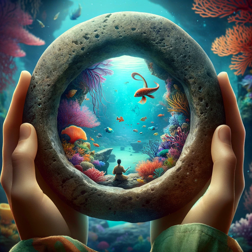 Das Bild illustriert eine lebendige Unterwasserwelt, gesehen durch das Loch eines magischen Steins. Farbenfrohe Korallenriffe, schwimmende Fische und eine neugierig näherkommende Meerjungfrau sind zu erkennen. Dieses Bild fängt den Moment ein, in dem Emma zum ersten Mal die magische Welt durch den Stein erblickt.